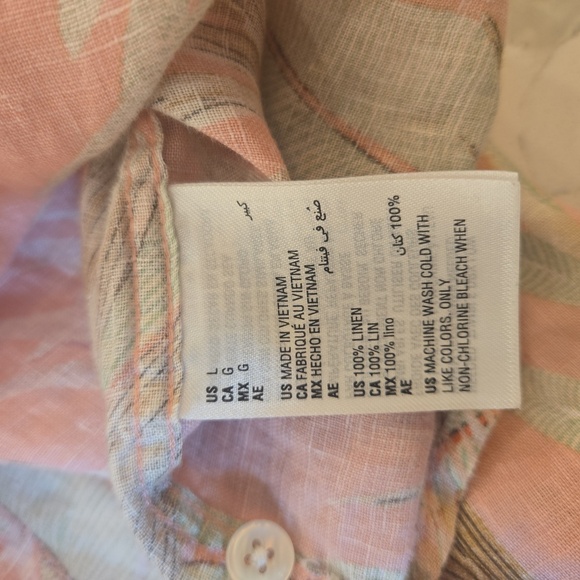 Linen Tropical Floral Short Sleeve Button Down Shirt Womens Large Pink Green - Picture 6 of 6